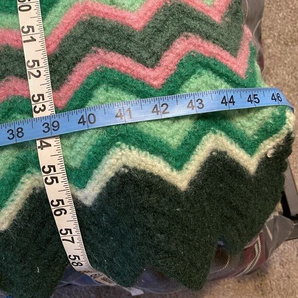 VTG Handmade Crochet Afghan Throw Blanket Zig Zag 56x48”Shades Green Red Pink - Picture 6 of 7
